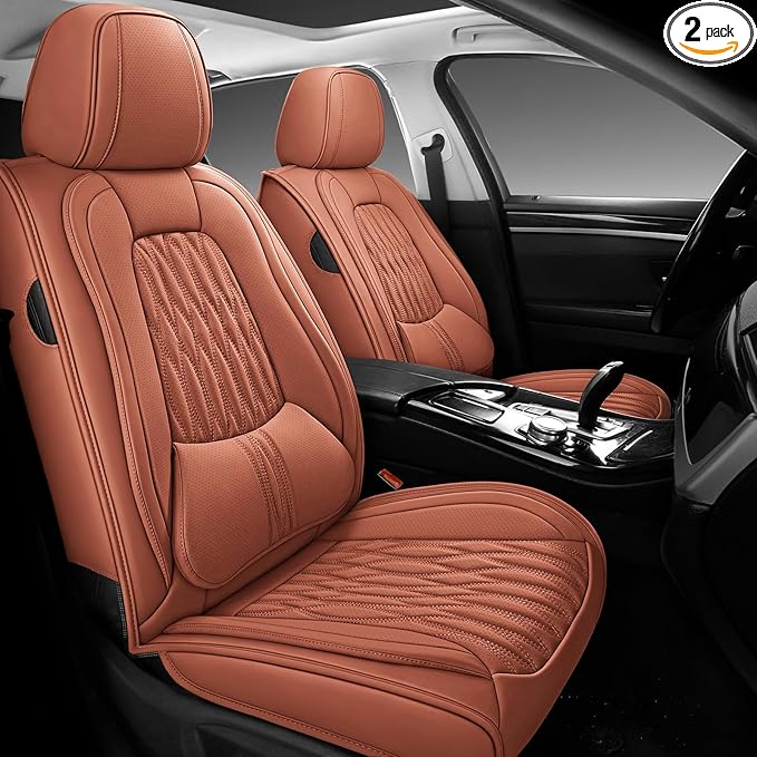 WELLDO Car Seat Covers Full Set, Leather Seat Covers for Car, Waterproof Car Seat Protector with Lumbar Support, Automotive Seat Covers Universal Fit for Most Cars SUV Truck, 2seats,Brown
