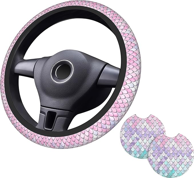 Mermaid Scales Steering Wheel Cover - Fish Scale Steering Wheel Cover Anti-Slip Breathable Universal for 15 Inch Car with 2 Pieces Car Coasters Suitable for Men Women