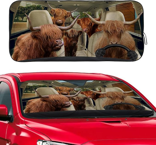 Funny Highland Cow Windshield Sunshade for Car SUV Truck Foldable Uv Ray Reflector Front Window Sun Shade Visor Shield Cover -59" X 31"