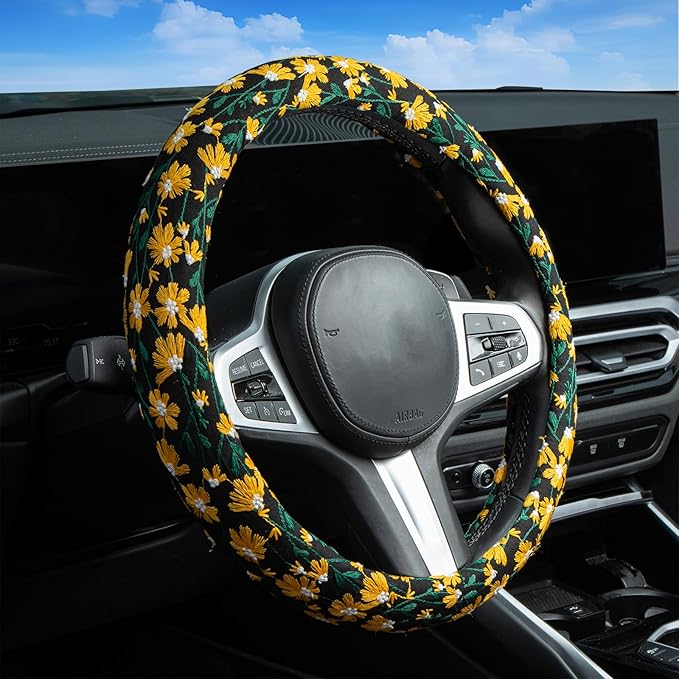 Embroidered Flowers Cute Yellow Daisy Steering Wheel Cover Auto Anti-Slip Breathable Rubber Steering Wheel Protector,Floral Car Accessories for Women,Universal Size Fit Most Cars -15 inch