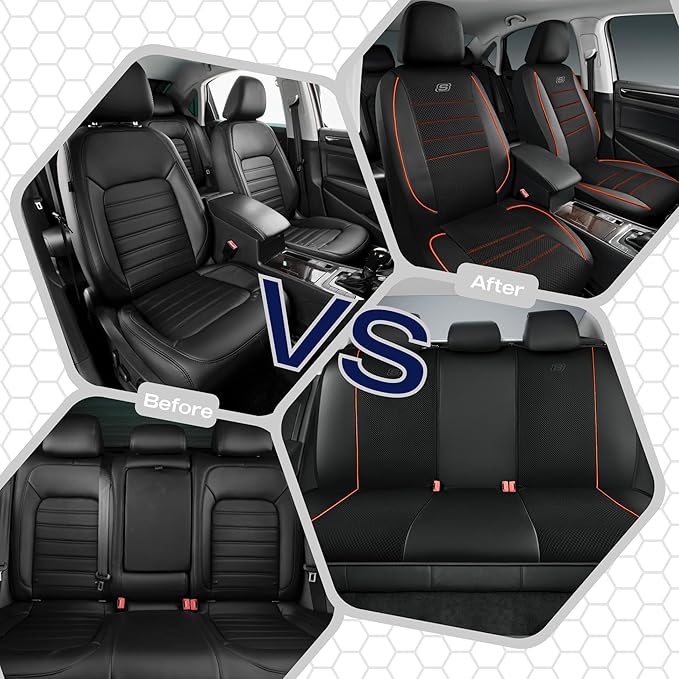 Skechers Air-Cooled Memory Foam Seat Covers,Mesh Thick Car Seat Covers,Piping Leather Car Seat Cover,Airbag Compatible,Automotive Comfort for Most Cars, Vans, Trucks, SUV(Orange, Full Set)