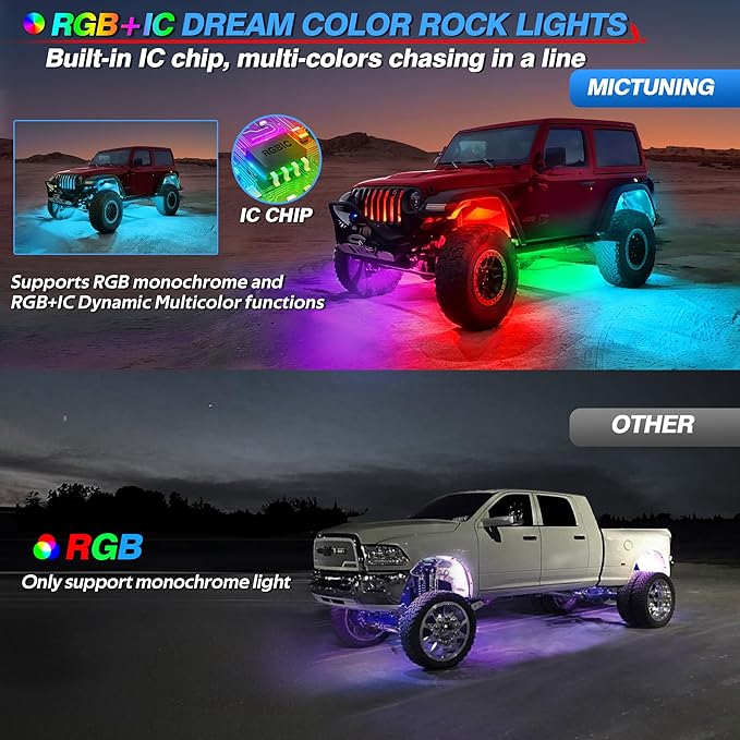 MICTUNING Y1 RGB+IC Dream Color Rock Lights - Upgraded 10 Pods Underglow Light with Chasing Effect, Wheel Well Light with Wiring Switch Kit, Bluetooth APP Control, Extensible Up to 24 Pods