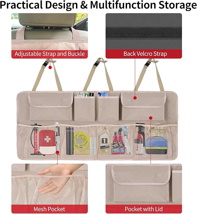 Car Trunk Organizer and Storage, Large Capacity Backseat Hanging Storage Accessories, Backseat Car Organizer for SUV/MPV/Truck (Khaki)