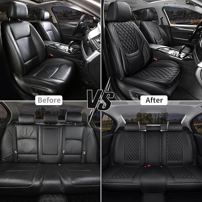 Car Seat Covers Front Seats, Luxury Faux Leather Car Seat Covers Waterproof Non-Slip Seat Protector Universal Fit for Most Cars SUVs Trucks Pick-ups, Black Car Accessories Interior