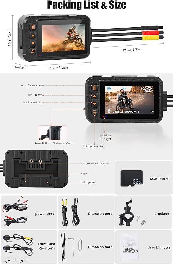 CAMECHO Motorcycle Dash Cam Front and Rear, IP67 Waterpoorf Dual Dash Camera with 32GB Card, 3" HD Car Camera with G-Sensor, Night Vision, Loop Recording, Dashcam for Motorbike, Motorsports