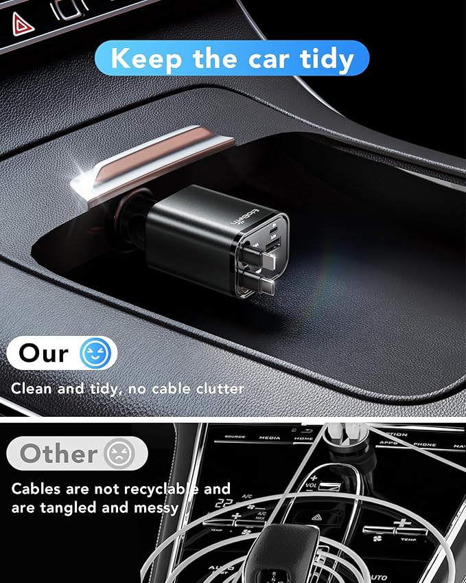 Retractable Car Charger,69W Car Phone Charger USB C Fast Charge,Cigarette Lighter USB Charger Car Accessories for Women,Road Trip Essentials Gift for Men,RV Power Adapter for iPhone 17/16/15/14,Galaxy