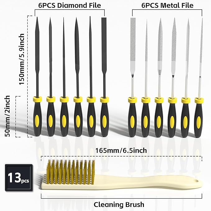 KJE 13PCS Needle File Set, Small File Set Includes 6PCS Diamond File, 6PCS Metal File, Cleaning Brush & Carrying Case for Precision Metal, Jewlers, Wood, Leather and Plastic