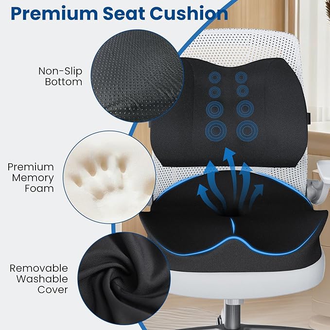 Seat Cushion Lumbar Support Pillow for Office Chair, X Large Memory Foam Chair Cushions for Sciatica Tailbone Pain Relief Coccyx Pad for Wheelchair, Car, Home, Office, Desk