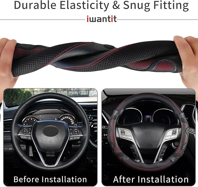 Iwantit® Steering Wheel Cover with 3D Honeycomb Anti-Slip Design and Breathable Fabrics, Universal 14.5-15 Inch (Red/Black)