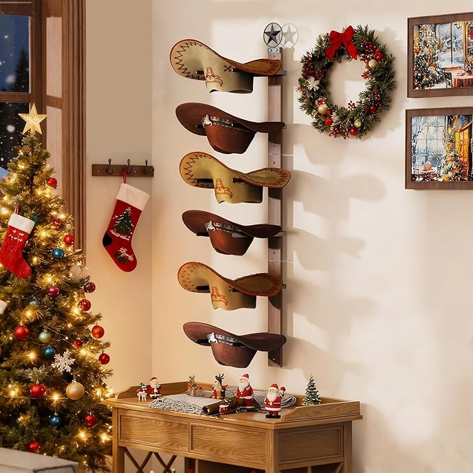 Cowboy Hat Rack for Wall – 3-Piece Western Hat Holder, Rustic Wooden & Metal Wall Mounted Cowboy Hat Organizer, Holds up to 6 Hats, Cowboy Room Decor & Storage Display Rack