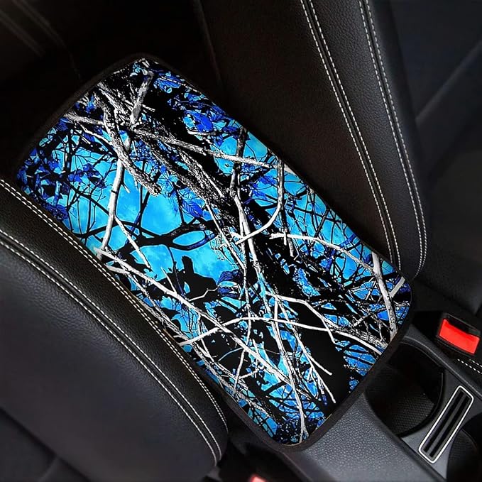 JEOCODY Blue Camo Hunting Car Armrest Pad Soft Center Console Arm Rest Mat Cover Universal Fit Soft Comfort Center Console Armrest Cushion for Car Interior Accessories Decoration