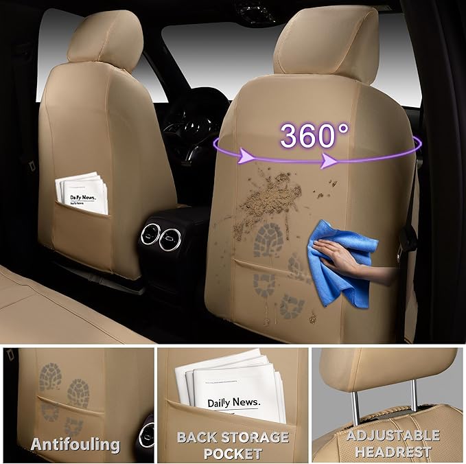 CAR PASS Nappa Leather Seat Covers Full Set, 3D Foam Faux Leather Car Seat Covers with Lumbar Support, Water Resistant Comfort & Universal Fit for Cars SUV Truck Most Vehicles, All Beige