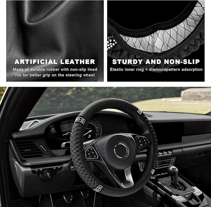 Bling Soft Leather Steering Wheel Cover, 14.5-15 Inch Sparkly Rhinestones Non-Slip Car Steering Wheel Protector, Elastic Auto Steering Wheel Cover Interior for Women Girls (Black)