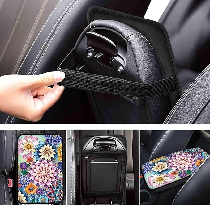 Universal Car Center Console Cushion Pad, Boho Flowers Car Center Console Cover Auto Armrest Seat Box Cover Protector for Most Vehicle SUV Truck Car