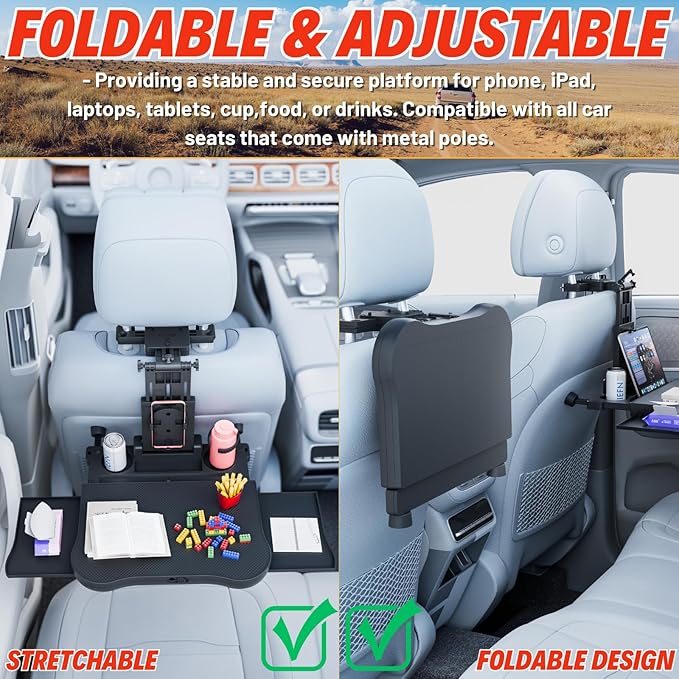 Large Foldable Backseat Tray Table, Car Laptop Desk with Cup Holder, Back Headrest Passenger Food Tray, Phone Tablet Holder, Multifunctional Travel Desk, Car Essentials for Kids & Long Road Trips