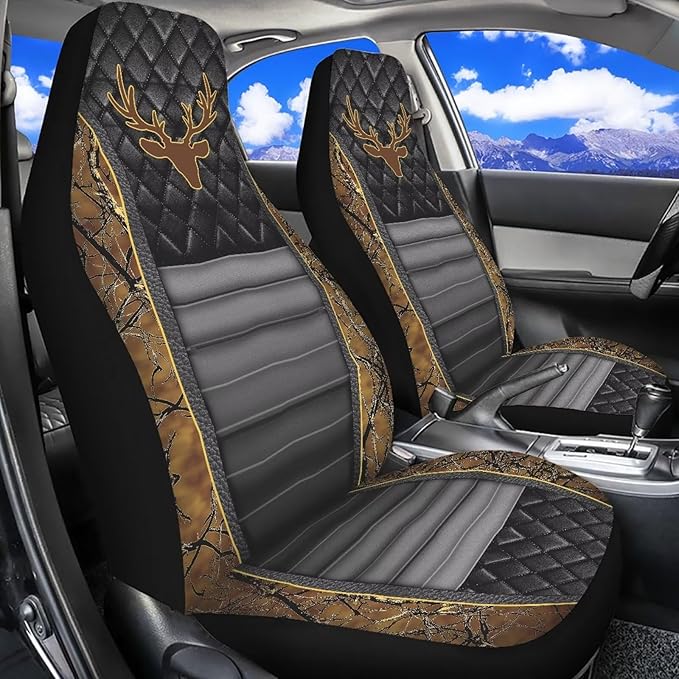 Car Front Seat Covers Easy to Install Deer Waistline Print Car Seat Covers Front Seats Only Stretch Polyester Fabric Cover Auto Interior Automotive Universal Fit for Most Cars Women Men