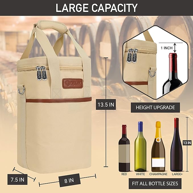 Opux 4 Bottle Insulated Wine Cooler Bag - Leakproof Padded Portable Wine Bottle Carrier for Travel Picnic BYOB Gift (Beige Cream)