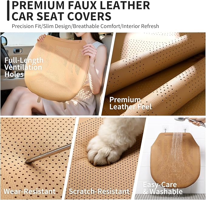 1 Piece Front Leatherette Seat Covers Faux Leather Bottom Car Seat Covers, Super Breathable,Anti-Slip,Universal Seat Covers for Cars,Full Wrapping Edge Fit for Most Sedans SUV Pick-up (Brown)