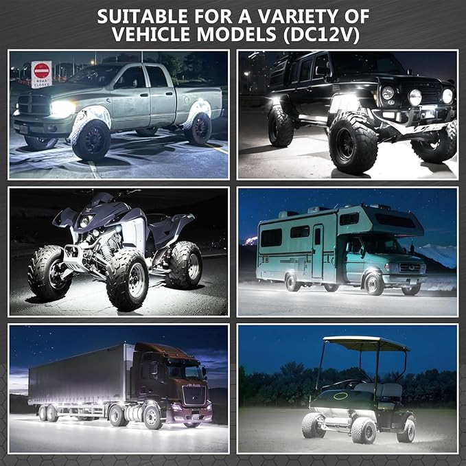 16 Pods Pure White LED Rock Lights, IP68 Waterproof Aluminum 6500K Bright White Underglow Light with Extension Cord Harness,12V Metal Fender Lights for Trucks Off Road UTV ATV Car Golf Trailer Etc