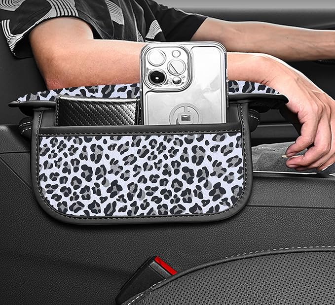 Dotesy Cheetah Print Car Center Console Cover,Microfiber Leather Car Armrest Pad Cushion with 2 Storage Bags,Universal Car Armrest Storage Box Car Interior Accessories for Most Vehicles White Leapord
