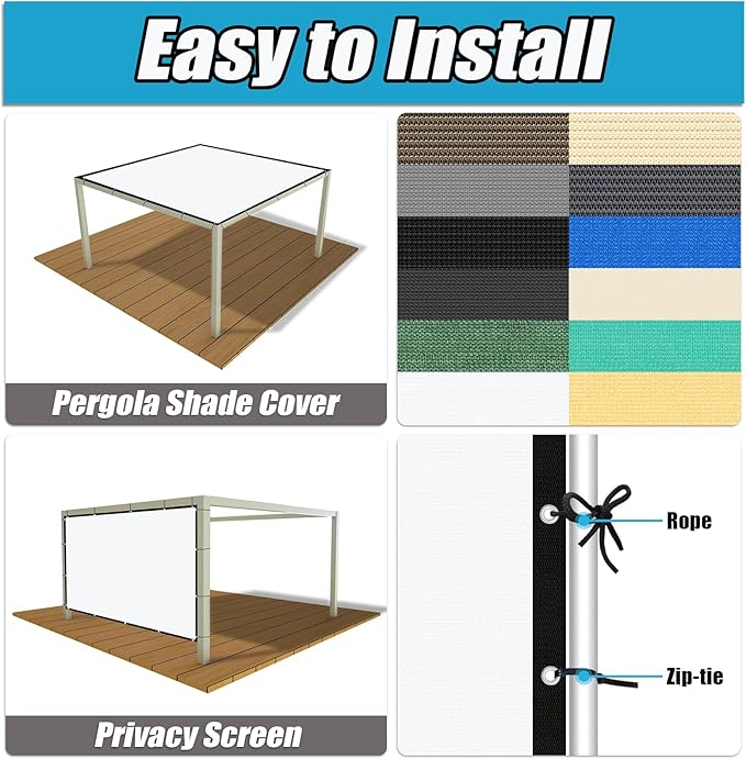 Amagenix 90% Pergola Shade Cover 10' X 24' Sun Shade Cloth with Grommets for Outdoor Garden Patio Porch, Commercial Grade 200 GSM - Cable Zip Ties Included (We Customized) GN108, White