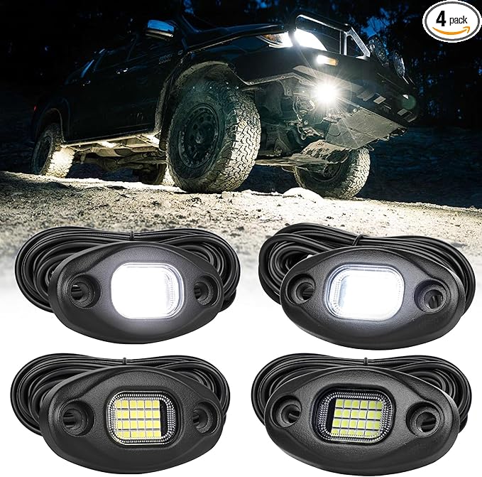 White Rock Lights with 15FT Wire Extender, Aluminum Case, 24Chip High Power 6000k Pure White, Waterproof IP68 Underglow Lights for Trucks Jeep UTV ATV (4 PCS)
