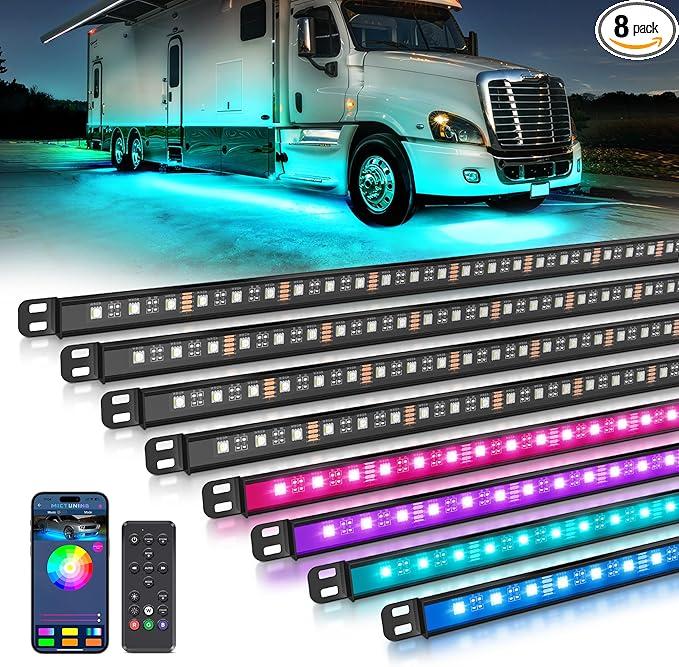MICTUNING N8 RGBW Underglow Light Bars Specially for RVs, App/Remote Control, Aluminum Housing Waterproof, Exterior Neon Accent Underbody LED Light Strips, w/ 2PCS 11.5FT Extension Cords, 8PCS