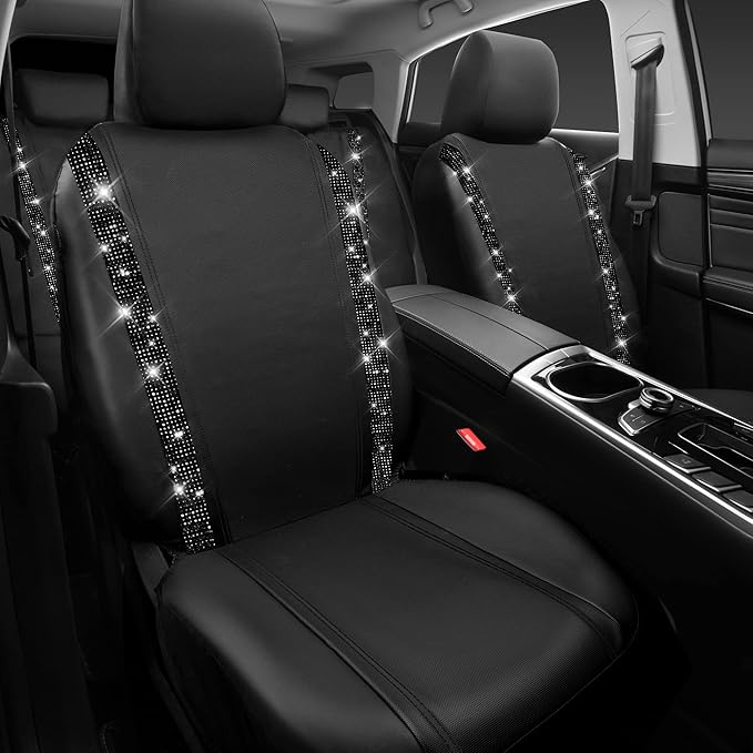 CAR PASS Bling Diamond Car Seat Covers,Shining Rhinestones Waterproof Faux Leather, 8 Seats 3 Rows with Zipper Glitter Crystal Sparkle Strips Universal Fit 95% MPV,SUV,CAR for Women Girl, Black