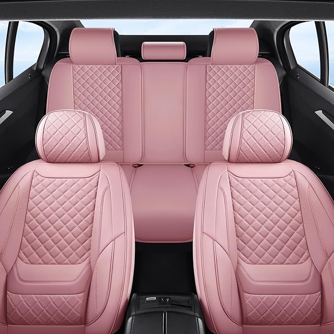 Chezope Car Seat Covers Full Set, Pink Leather Seat Covers, Breathable Front and Back Car Seat Protectors, Wear-Resistant Seat Covers Universal Fit for Most Cars SUV Truck (Pink-Diamonds,Full Set)