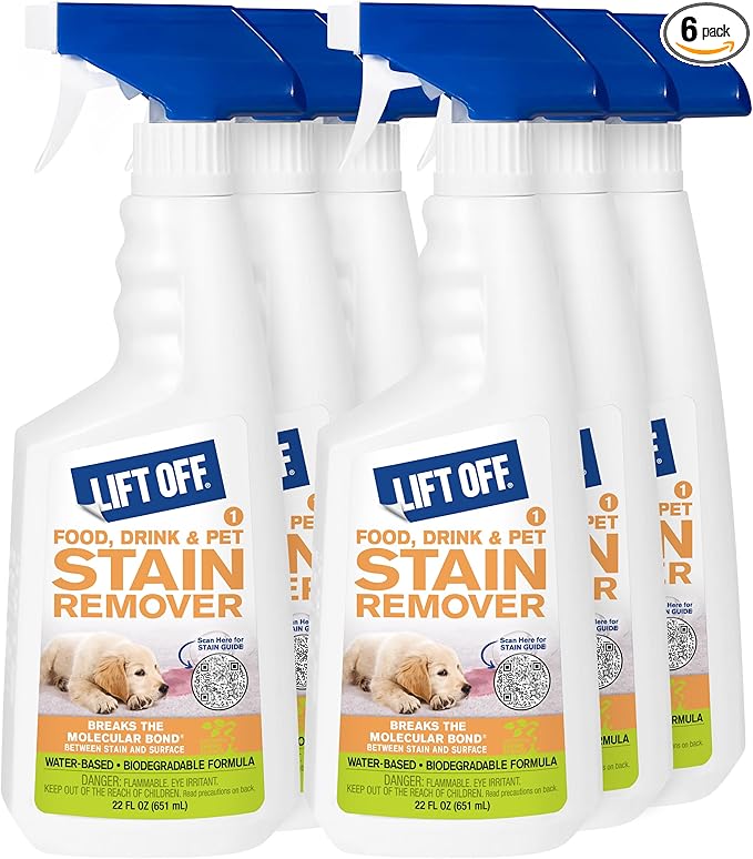 Motsenbocker's Lift Off 40501-6PK Food, Drink, and Pet Stain Remover Spray Eliminates Tough Stains from Multiple Surfaces, Excellent as a Pre-Wash Laundry Treatment, Water-Based, 22 Fl Oz, Pack of 6