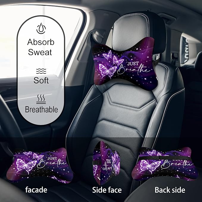 2 Pack Car Neck Pillow，Purple Butterfly Car Headrest Pillow，Ergonomic Design，Memory Foam Car Pillow，Breathable Removable Cover Universal Headrest Pillow for Travel Car Seat Driving & Home