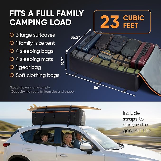 23 Cubic Feet Roof Bag – Safety Tested Heavy-Duty Waterproof Rooftop Cargo Carrier for All Cars & SUVs (with or Without Rack) – Includes Protective Mat & Storage Bag – Military-Grade 840D PVC