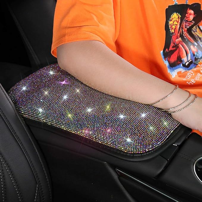 Bling Bling Auto Armrest Console Cushion, Leather Luster Crystal Arm Rest Padding Protective Case Diamond Car Decor Accessories for Ladies
