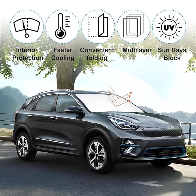 Windshield Sun Shade Custom Fit for 2017 2018 2019 2020 2021 2022 Kia NIRO Accessories Foldable Sunshade Sun Blocker Protect Car from Sun Rays & Heat Damage Keep Car Cooler