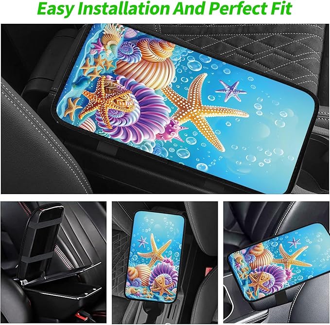 Car Armrest Cover Pads Universal Fashion Cute Auto Center Console Armrest Cover Pad with 2PCS Car Coasters Soft Waterproof Car Armrest Seat Protector for Women, Sea Shells Starfish