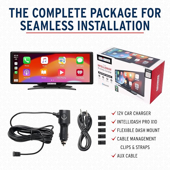 Car and Driver IntelliDash Pro X10, 10" Wireless Apple CarPlay & Android Auto Display, Portable Touchscreen Car Stereo w/Bluetooth, GPS Navigation, FM/AUX, Backup Camera Compatible for Cars & Trucks