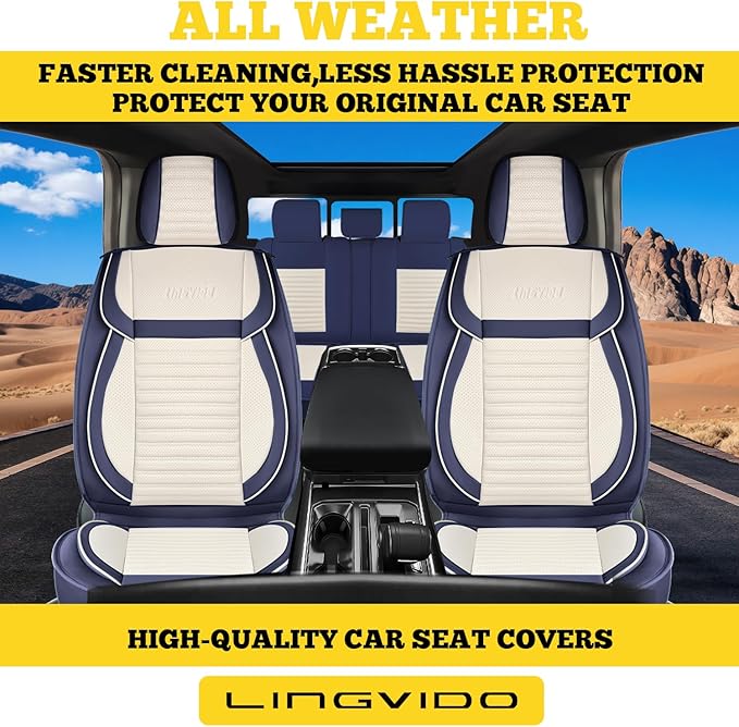 LINGVIDO Full Set Car Seat Covers, Faux Nappa Leather, Airbag Compatible and Waterproof Protectors for Sedans SUVs, Breathable Interior for Active Families, Pets, and Commuters (5 Seats, White/Blue)