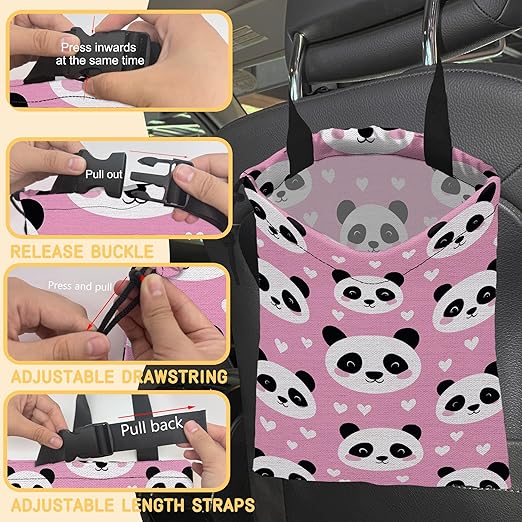 Cute Panda Car Trash Bag, Strap Drawstring Car Garbage Bags,Car Back Seat Organizer with Adjustable Buckle for Car Accessories