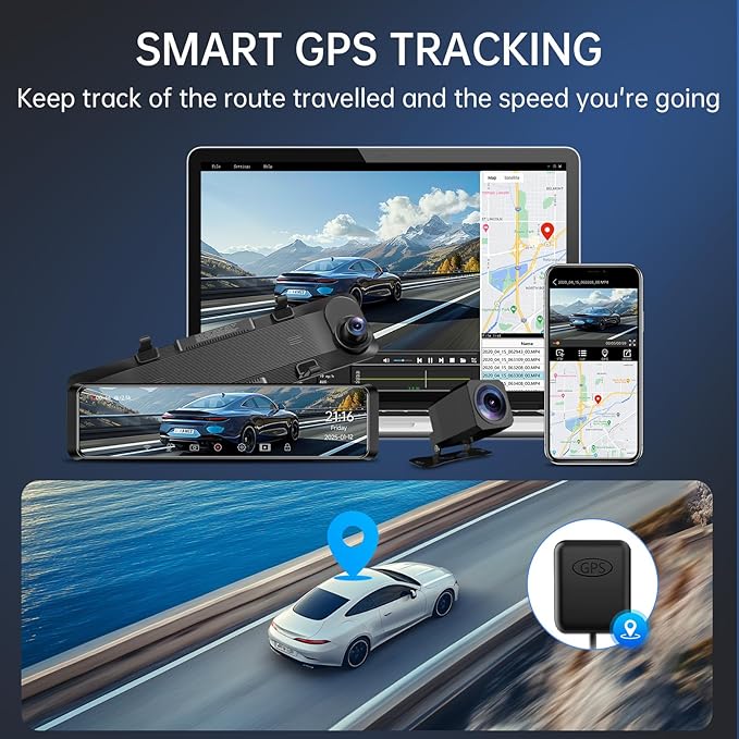 4K Rear View Mirror Camera, 12'' Mirror Dash Cam, 4K/2.5K Backup Camera for Car, WiFi/GPS Dash Cam Front and Rear with 32GB Card, APP, Voice Control, WDR Night Vision, Reverse Assist (Black)