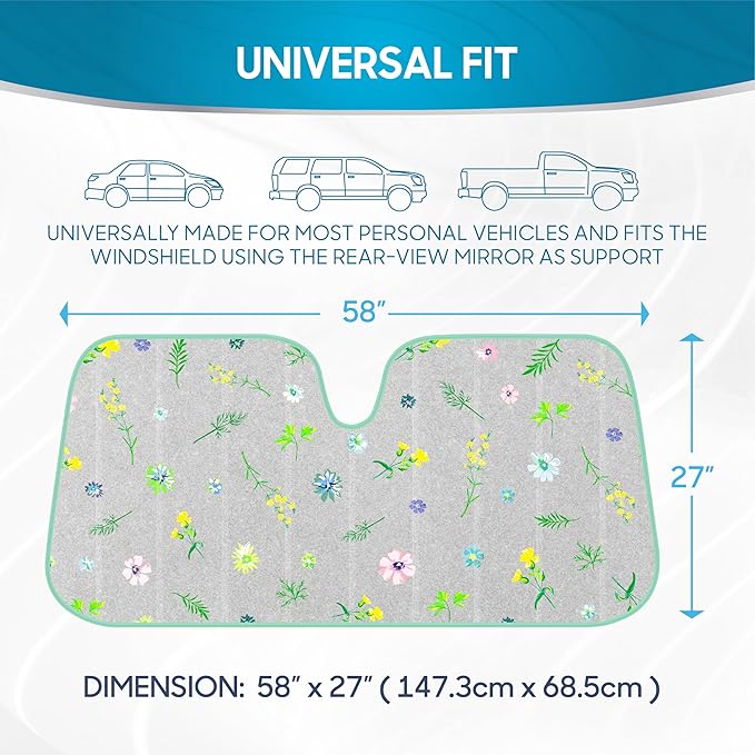 BDK Pastel Flowers Front Windshield Sunshade Accordion Folding Style Auto Shade for Cars Trucks SUVs Vans Blocks UV Rays Sun Visor Protector Easy Setup Keeps Your Vehicle Cool (58" x 27")