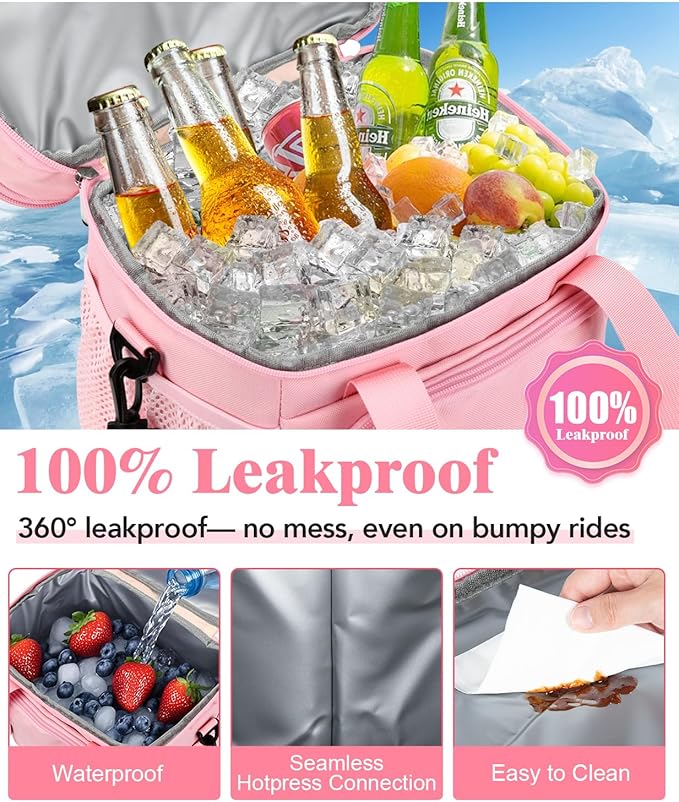 Insulated Lunch Bag for Women, Double Leakproof Lunch Box Soft Cooler Tote with 5 Pockets, 600D Oxford, EVA Lining, Adjustable Strap for Work, Picnic, Beach&Travel-Pink