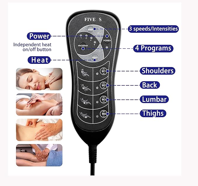 FIVE S FS8816 Massage Seat Cushion, Massager with Heat, 10 Massage Nodes for Neck, Shoulders, Back/Lumbar, Thighs for Home, Office (Black)