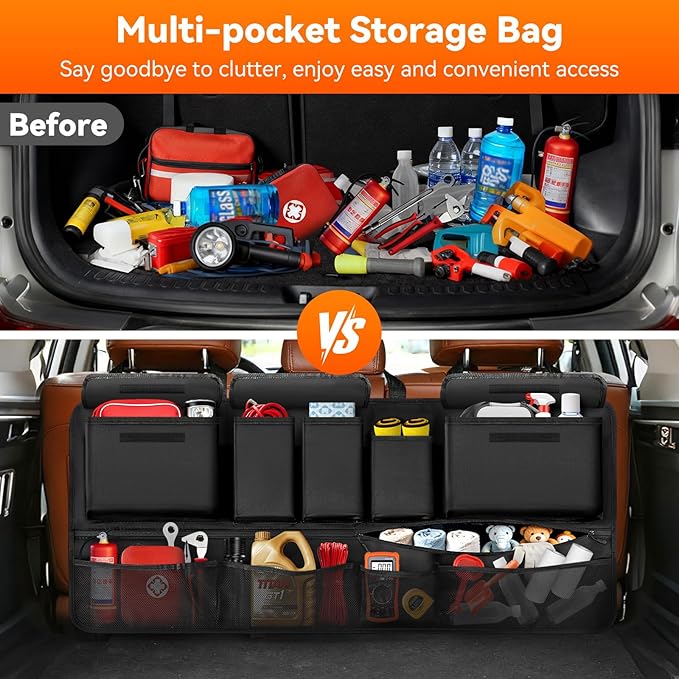 Trunk Organizer for SUV, 43" x 19" Large Capacity Car Organizers and Storage, Backseat Hanging Storage Bag with 10 Pockets, Adjustable & Waterproof Car Interior Accessories for SUV Truck MPV