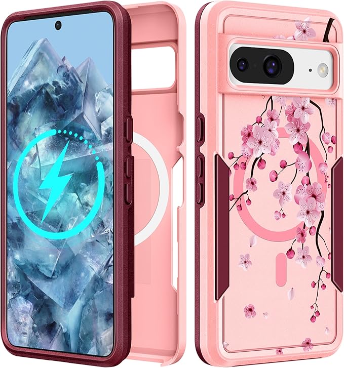 for Google Pixel 8 Case 6.2 Inch - Compatible with MagSafe Women Girls Cute Magnetic Protective Cover Girly Kawaii Flower Blossom Heavy Duty Shockproof Design for Google Pixel 8 Phone Cases