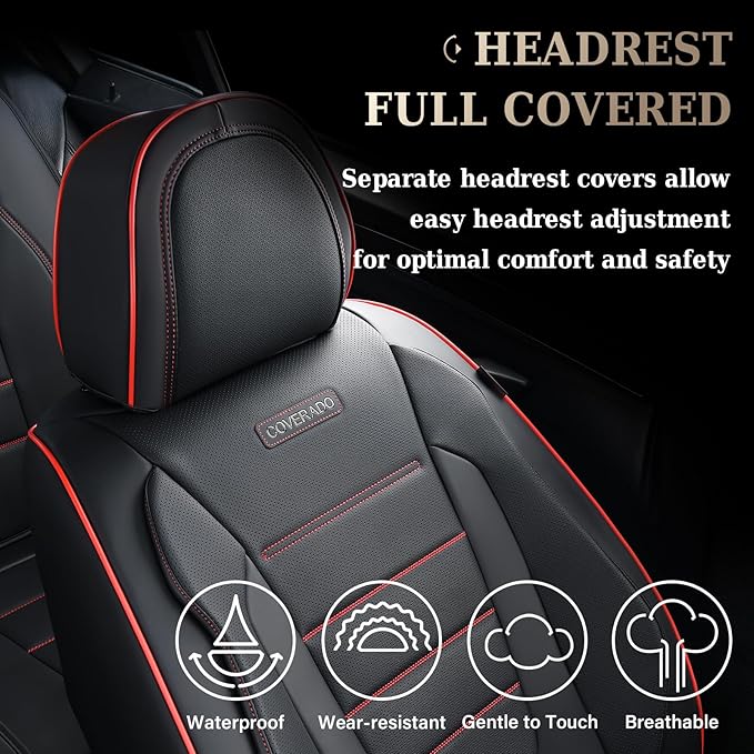 Coverado Seat Covers Full Set, Seat Covers for Cars, Car Seat Cover, Car Seat Protector, Nappa Leather Car Seat Cushion, Waterproof Car Seat Covers Front Seats and Back Fit for Most Cars (Redline)