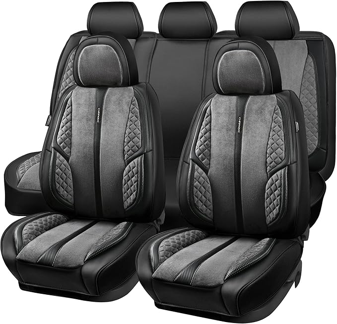 CAR PASS Suede Leather Seat Covers Full Set Soft Protector Durable Cushioned Warm in Winter Breath in Summer,Universal Sport Car Seat Cover Fit for Sedan SUV Pick-up Truck,Anti-Slip and Backseat(Grey)