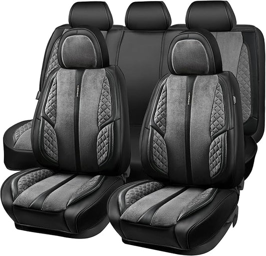 CAR PASS Suede Leather Seat Covers Full Set Soft Protector Durable Cushioned Warm in Winter Breath in Summer,Universal Sport Car Seat Cover Fit for Sedan SUV Pick-up Truck,Anti-Slip and Backseat(Grey)