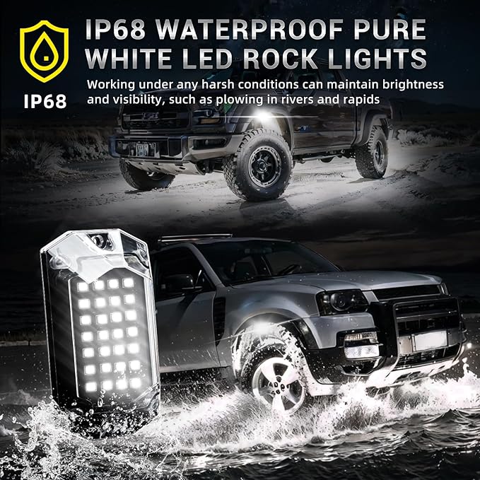 20 Pods Full Angle Pure White LED Rock Lights with Extension Wires, 28 LEDs 6500K Super Bright White Neon Underglow Kit IP68 Waterproof for Semi Trucks Trailer Offroad Pickup Boats RV Vans SUV UTV
