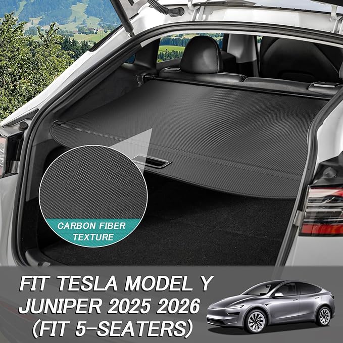 Cargo Cover for Tesla Model Y Juniper 2025 2026 (Fit 5-Seaters) Accessories Retractable Trunk Cover Security Shielding Shade Cargo Luggage Cover Trunk Privacy Protection (Carbon Fiber Texture)