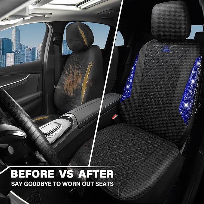 CAR PASS Oxford Bling Diamond Car Seat Covers 2 Front Interior Sets, Waterproof Shining Glitter Sparkly Crystal Universal Armrest Fit 95% Automotive Truck SUV Cute Women Girl, Black Blue Rhinestone
